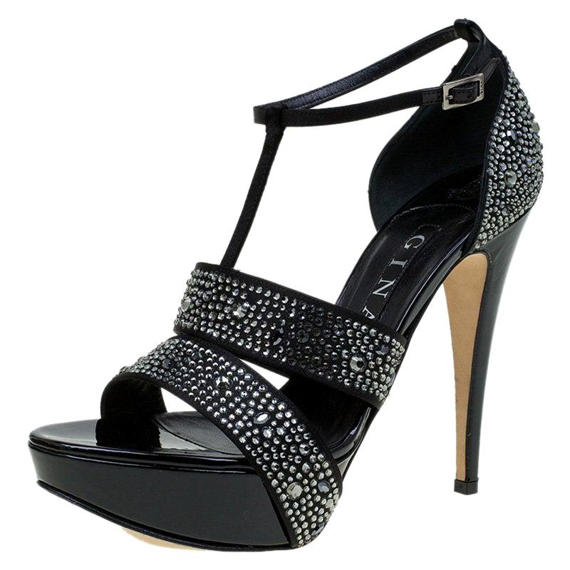 Gina Black Crystal Embellished Leather T Strap Platform Sandals Size 38