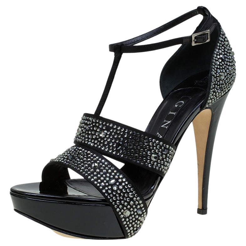 Gina Black Crystal Embellished Leather T Strap Platform Sandals Size 38 For Sale