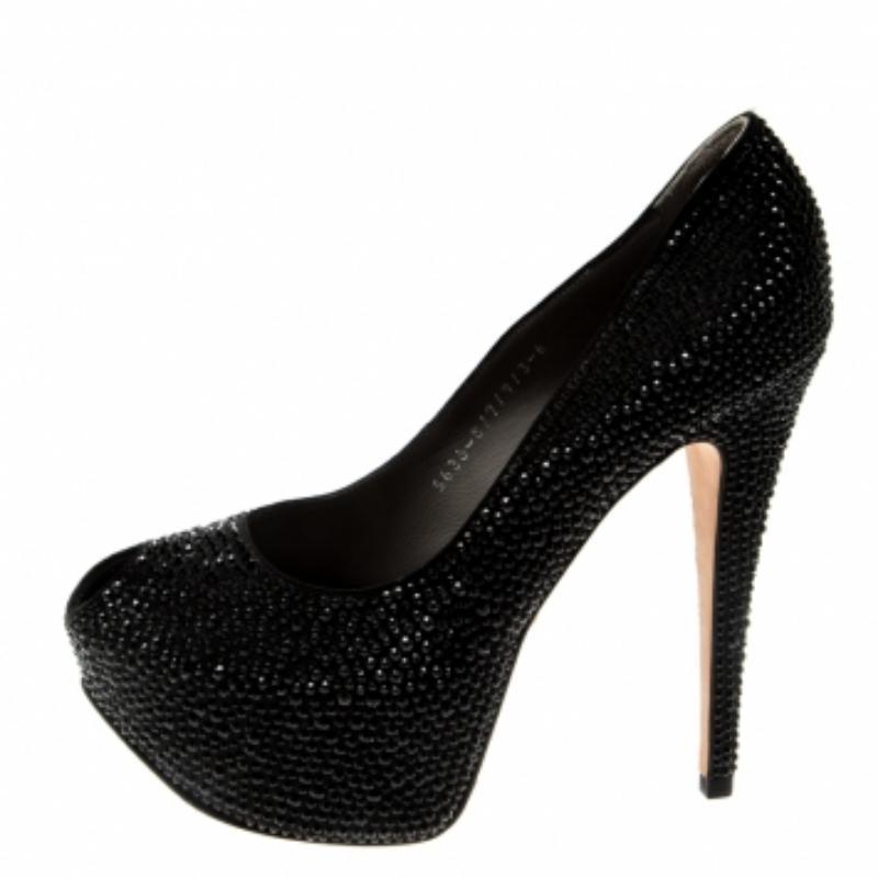 Donna Gina, Pumps con piattaforma Peep Toe impreziosita da cristalli neri, taglia 39 in vendita