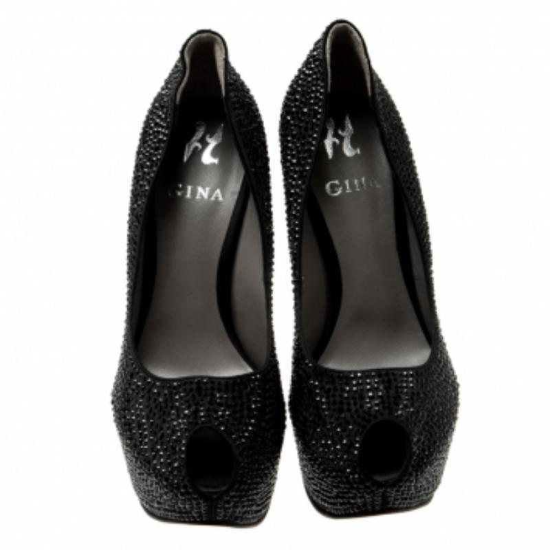 Gina, Pumps con piattaforma Peep Toe impreziosita da cristalli neri, taglia 39 in vendita 1