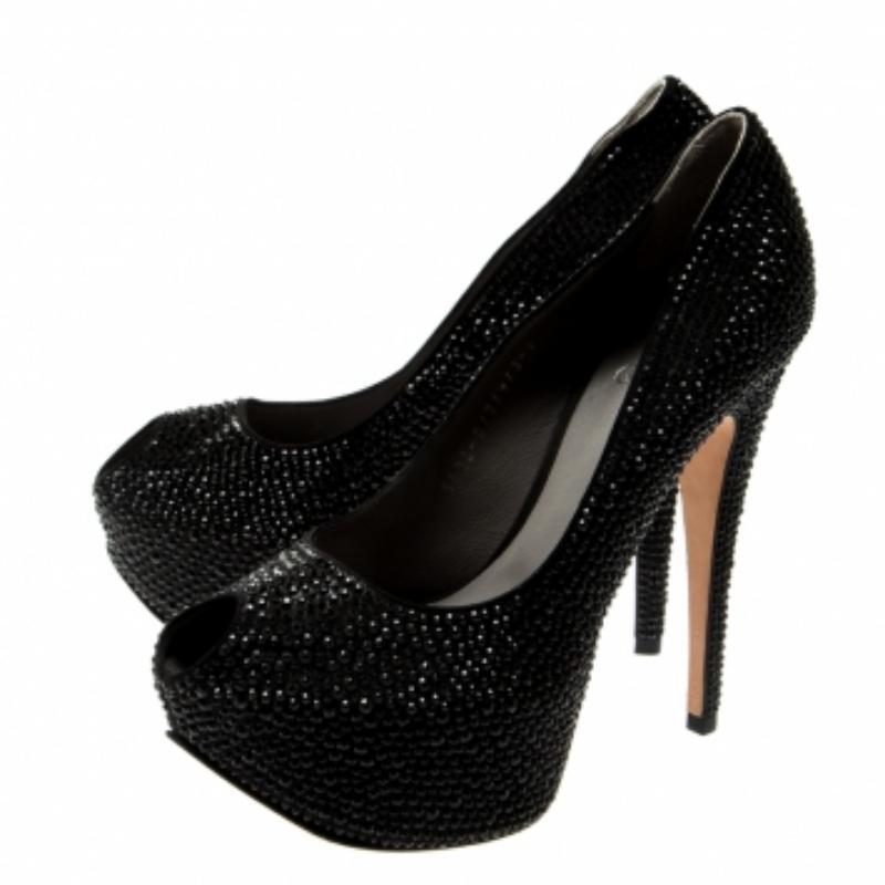 Gina, Pumps con piattaforma Peep Toe impreziosita da cristalli neri, taglia 39 in vendita 2