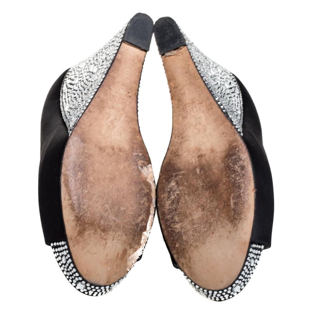 Women's Gina Black Crystal Embellished Satin Belle Open Toe Wedge Pumps Size 40