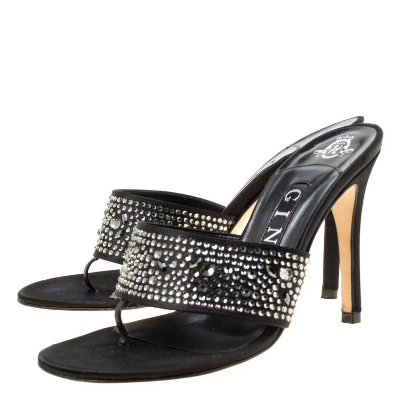 Gina Black Crystal Embellished Satin Sandals Size 37 In Good Condition In Dubai, Al Qouz 2