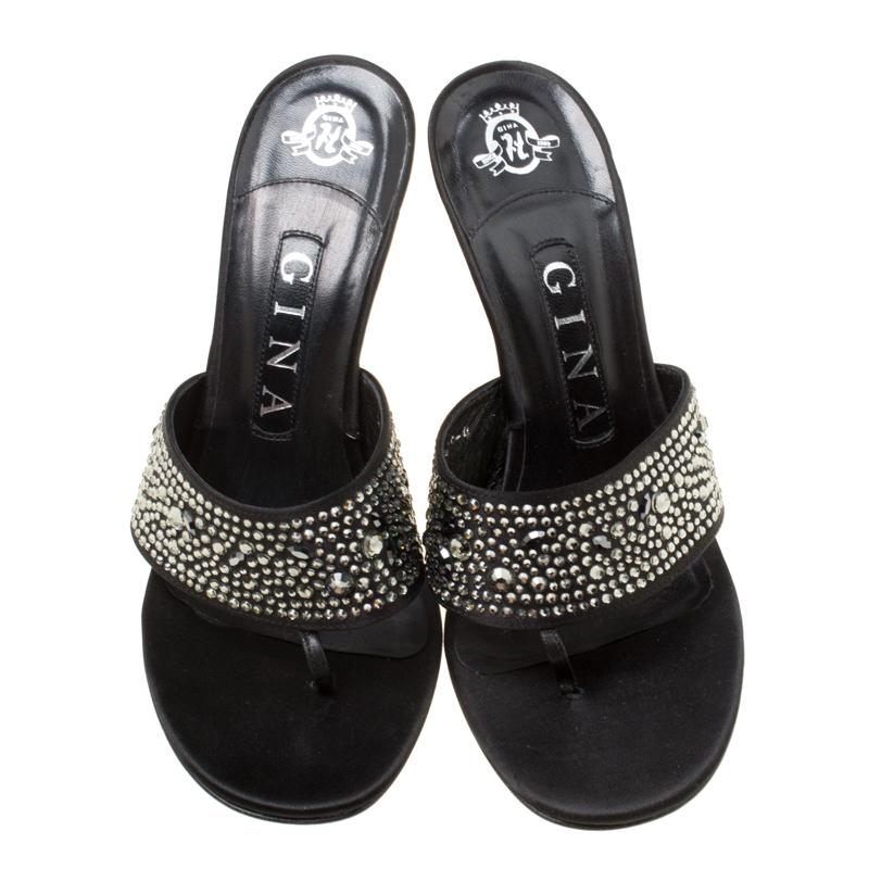 Women's Gina Black Crystal Embellished Satin Sandals Size 37