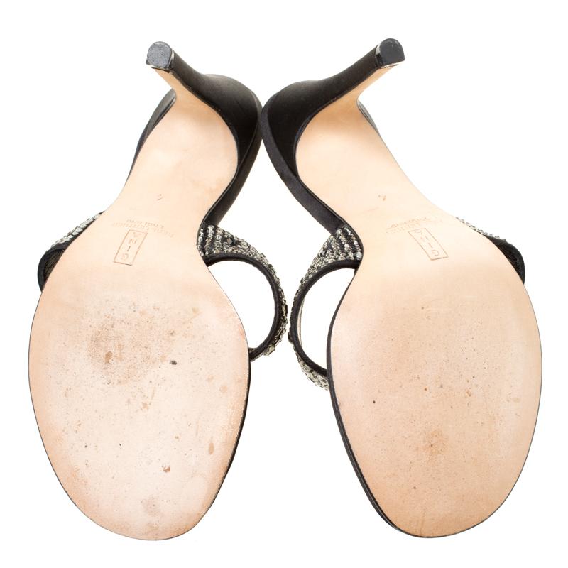Gina Black Crystal Embellished Satin Sandals Size 37 1