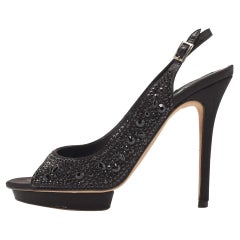 Gina Black Crystal Embellished Satin Slingback Sandals Size 38.5