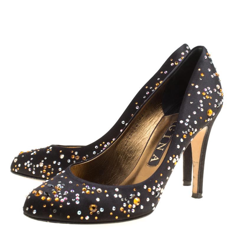 Gina Black Crystal Studded Satin Pumps Size 39 2