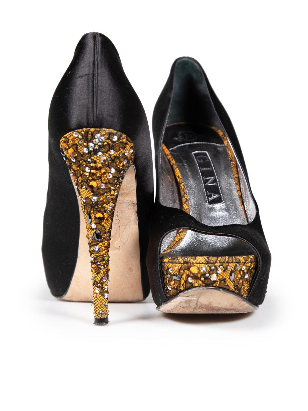 Gina Black Embellished Lace Detail Peep Toe Heels Size UK 6 In Good Condition For Sale In London, GB