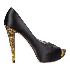 Gina Black Embellished Lace Detail Peep Toe Heels Size UK 6