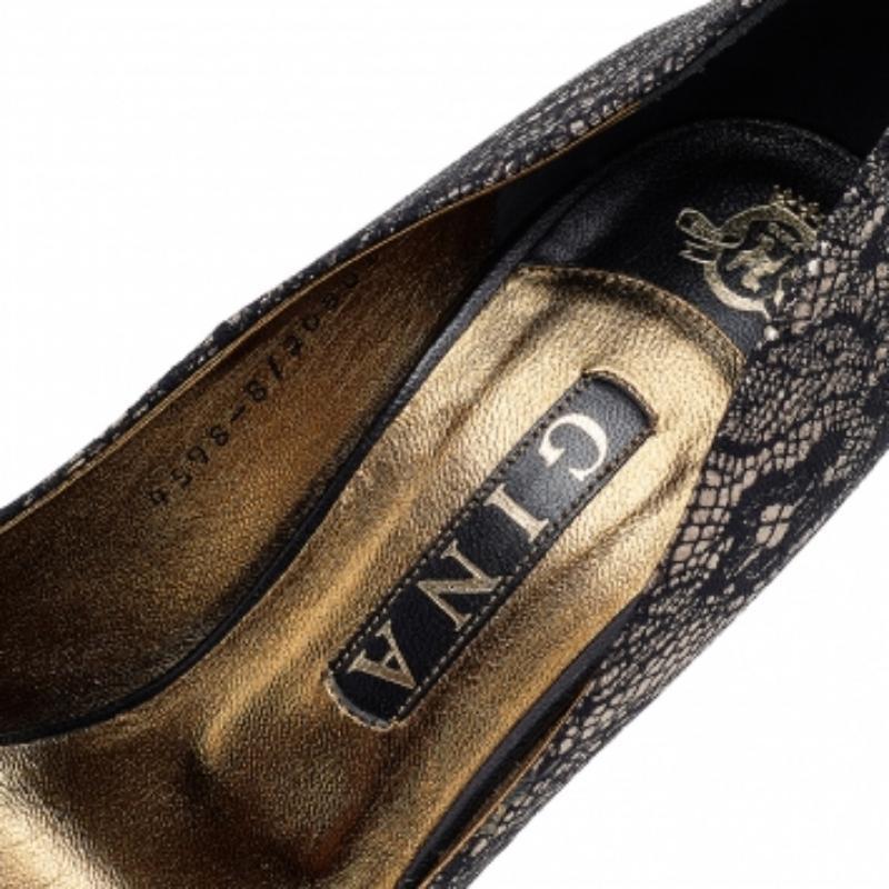 Gina, nero/oro, pizzo e pelle, con plateau taglia 40 in vendita 1