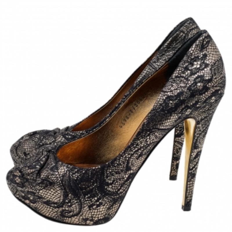 Gina, nero/oro, pizzo e pelle, con plateau taglia 40 in vendita 3