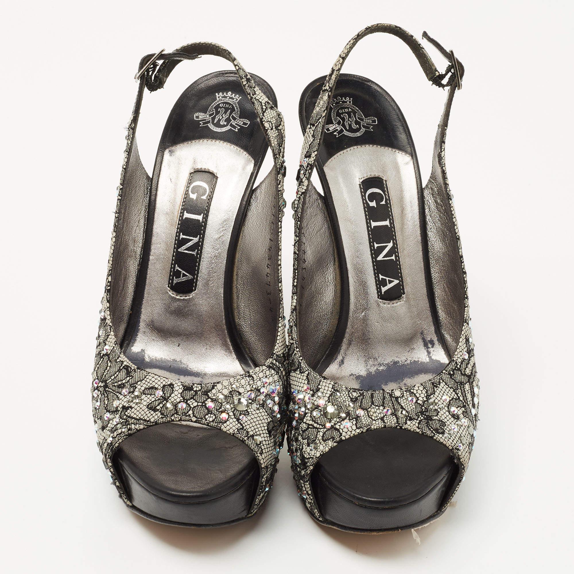 Gina Nero Pizzo Cristallo Impreziosito Peep Toe Slingback Platform Pumps Misura 37,5 In condizioni buone in vendita a Dubai, Al Qouz 2