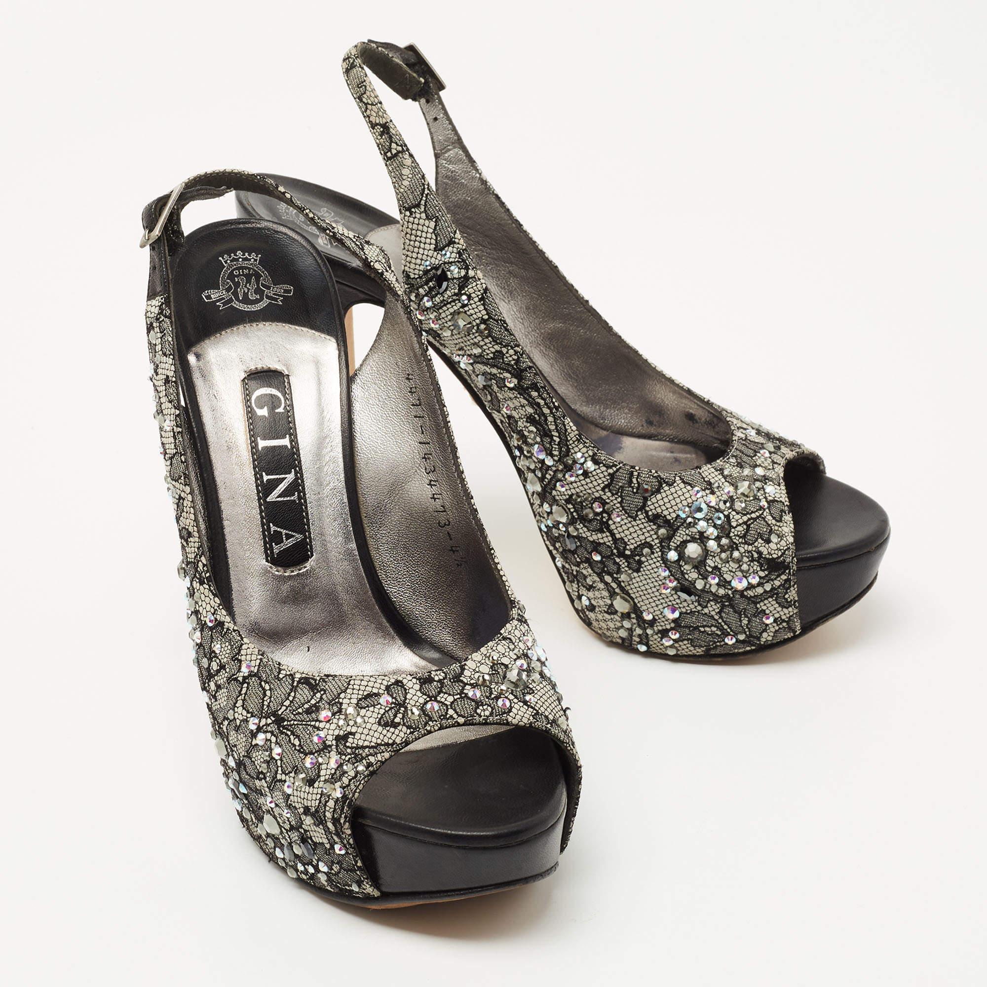 Donna Gina Nero Pizzo Cristallo Impreziosito Peep Toe Slingback Platform Pumps Misura 37,5 in vendita