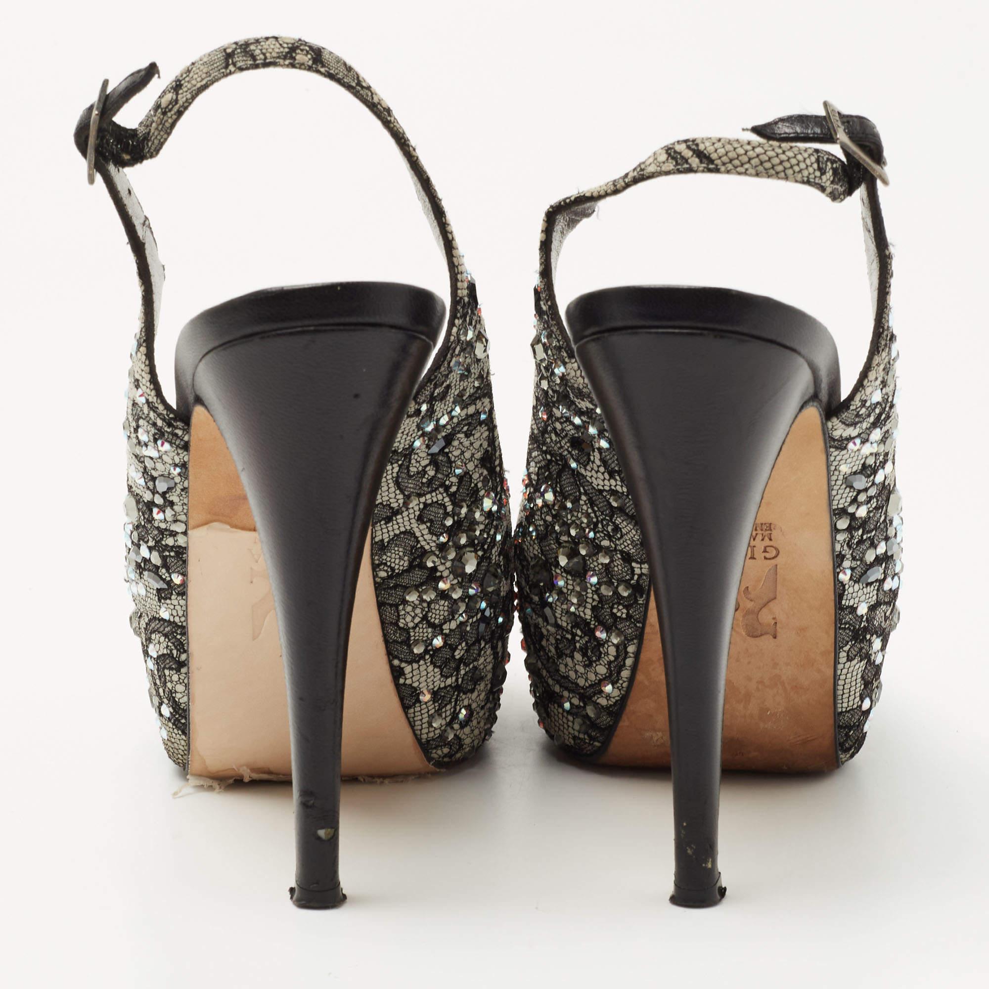 Gina Nero Pizzo Cristallo Impreziosito Peep Toe Slingback Platform Pumps Misura 37,5 in vendita 1