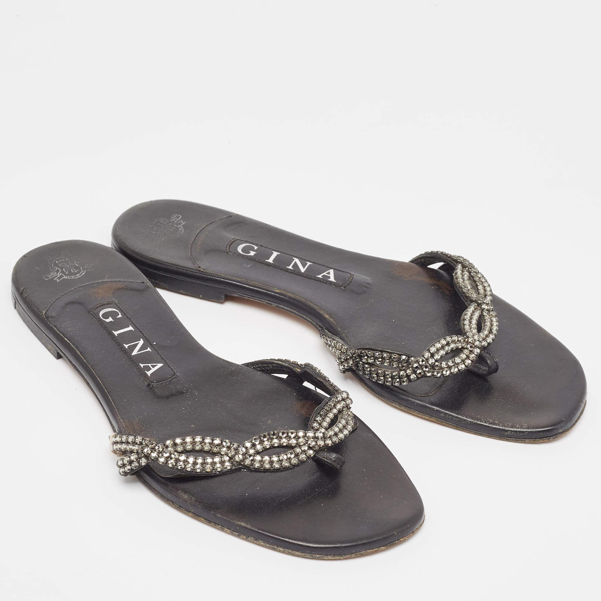 Women's Gina Black Leather Crystal Embellished Flat Slides Size 37 For Sale