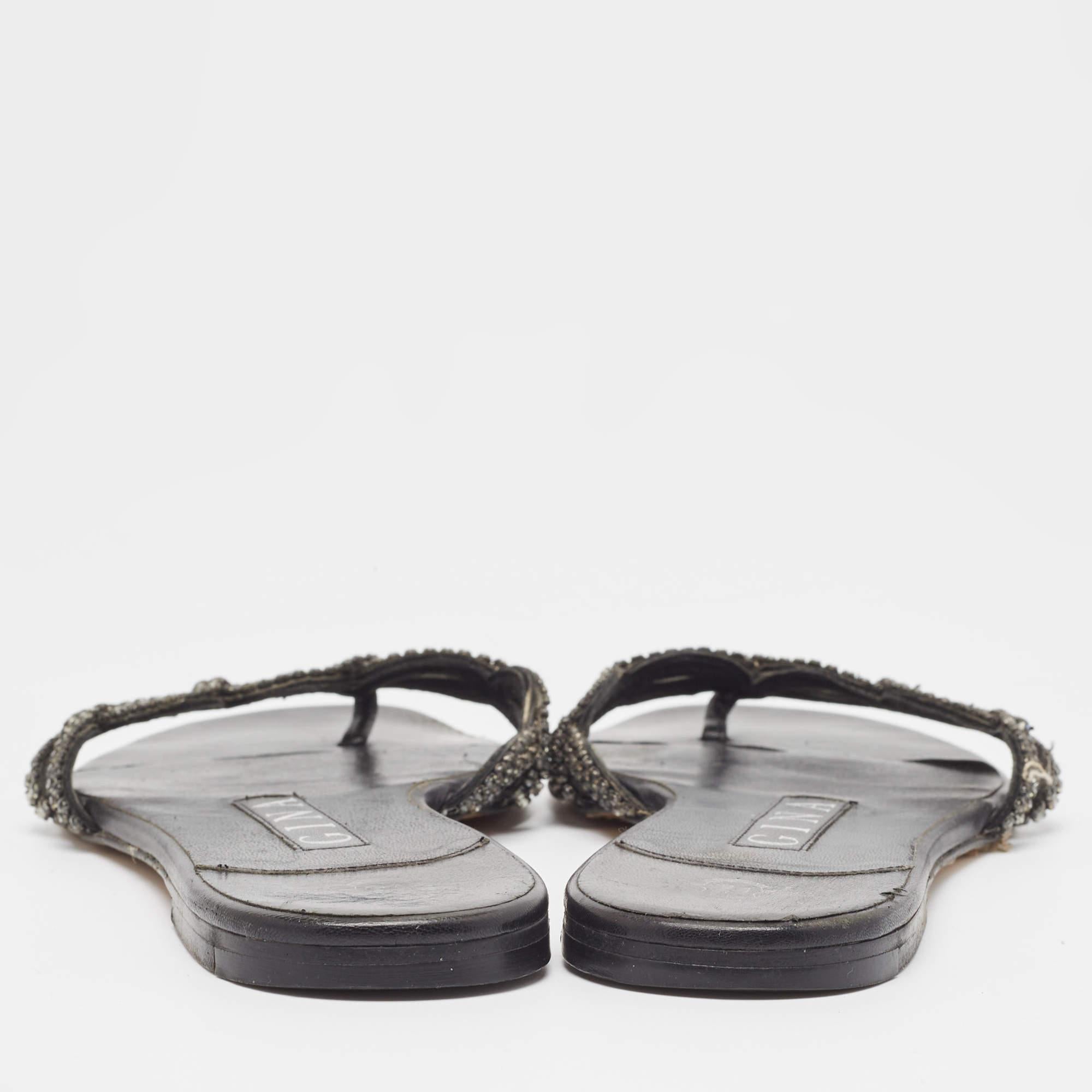 Gina Black Leather Crystal Embellished Flat Slides Size 37 For Sale 1