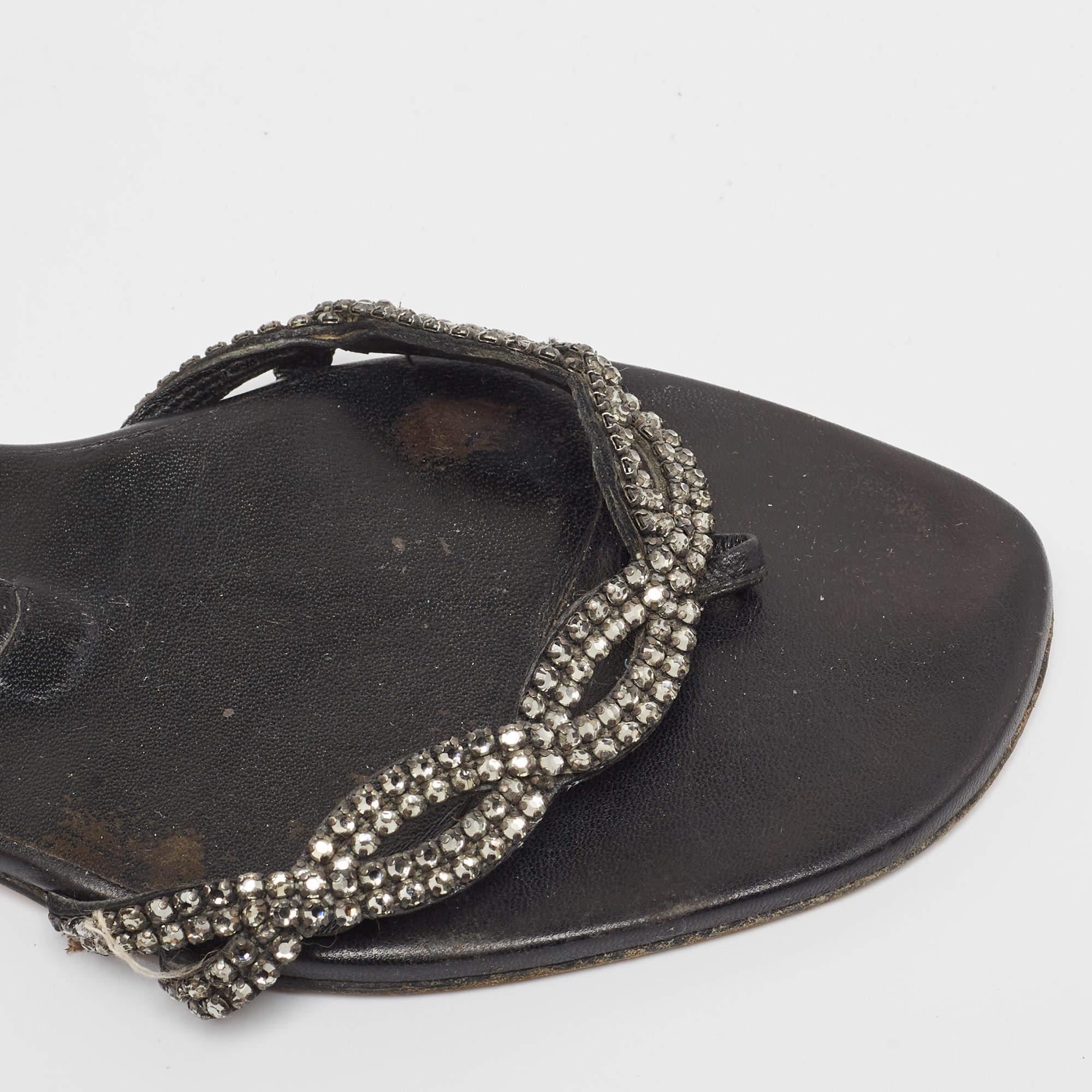 Gina Black Leather Crystal Embellished Flat Slides Size 37 For Sale 3