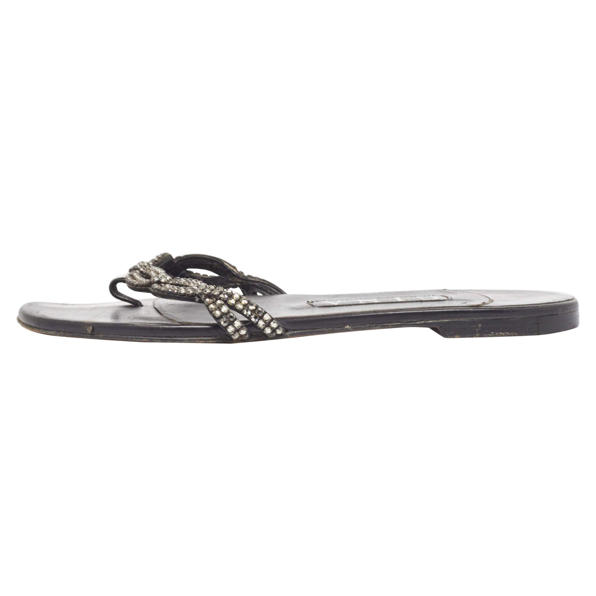 Gina Leather Black Crystal Embellished Flat Slides Taille 37
