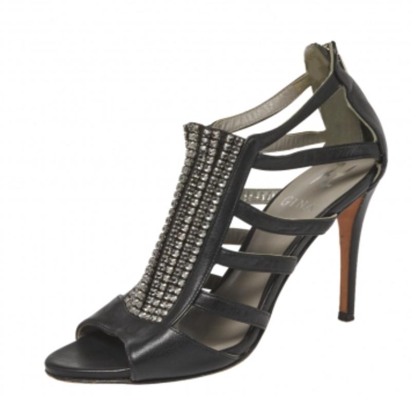 Women's Gina Black Leather Crystal Embellished Sandals Size 37.5 For Sale
