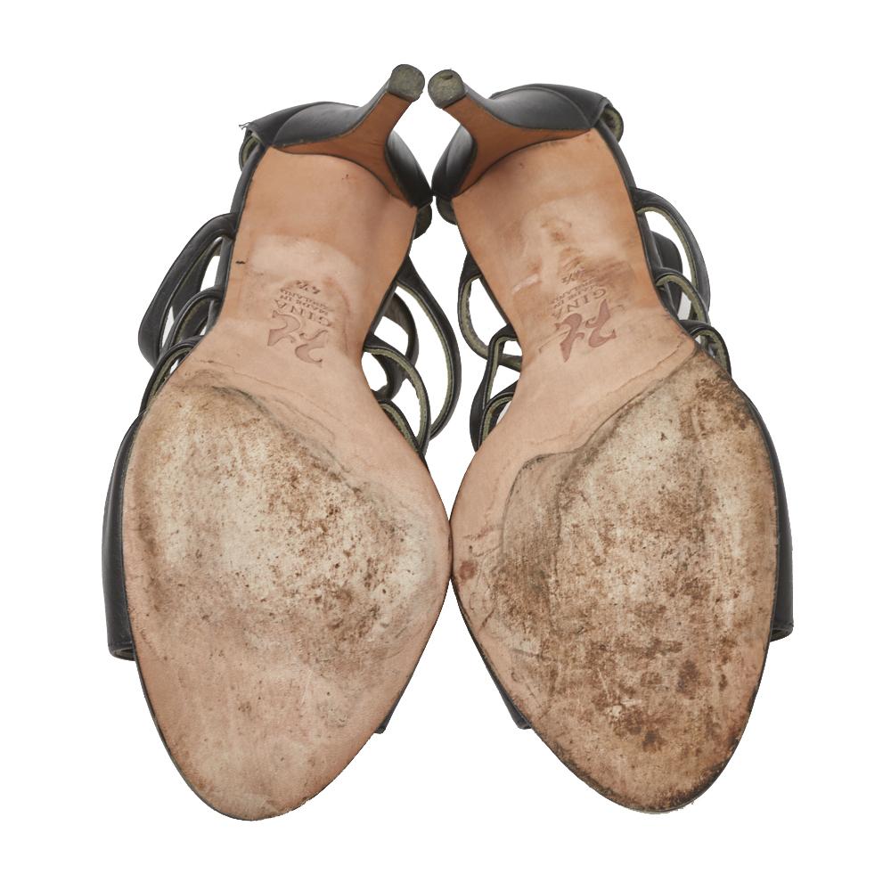 Women's Gina Black Leather Crystal Embellished Sandals Size 37.5 For Sale