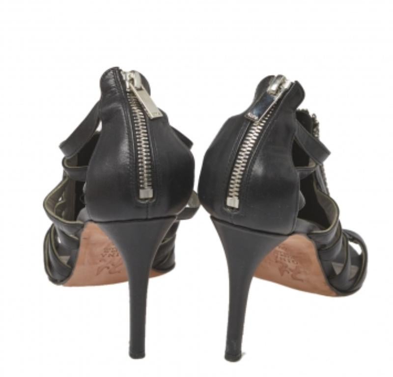Gina Black Leather Crystal Embellished Sandals Size 37.5 For Sale 1