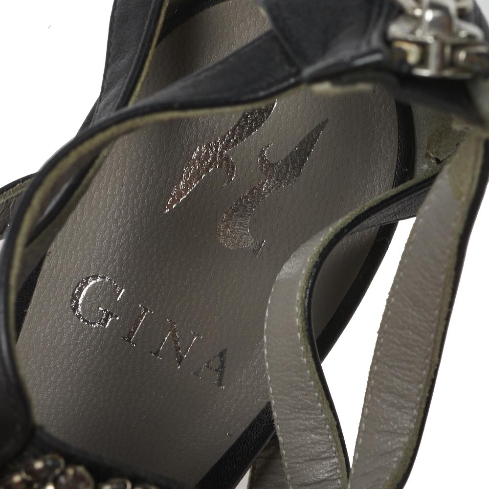 Gina Black Leather Crystal Embellished Sandals Size 37.5 For Sale 2