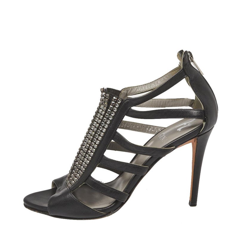 Gina Black Leather Crystal Embellished Sandals Size 37.5 For Sale at ...