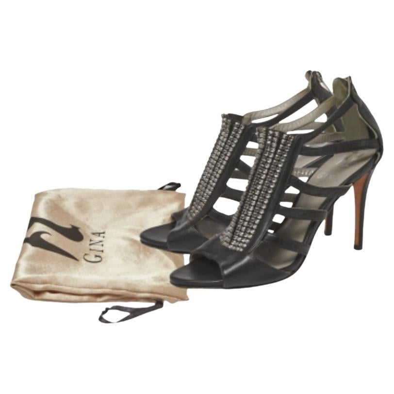 Gina Black Leather Crystal Embellished Sandals Size 37.5 For Sale 5