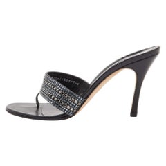 Gina Black Leather Crystal Embellished Sandals Size 41