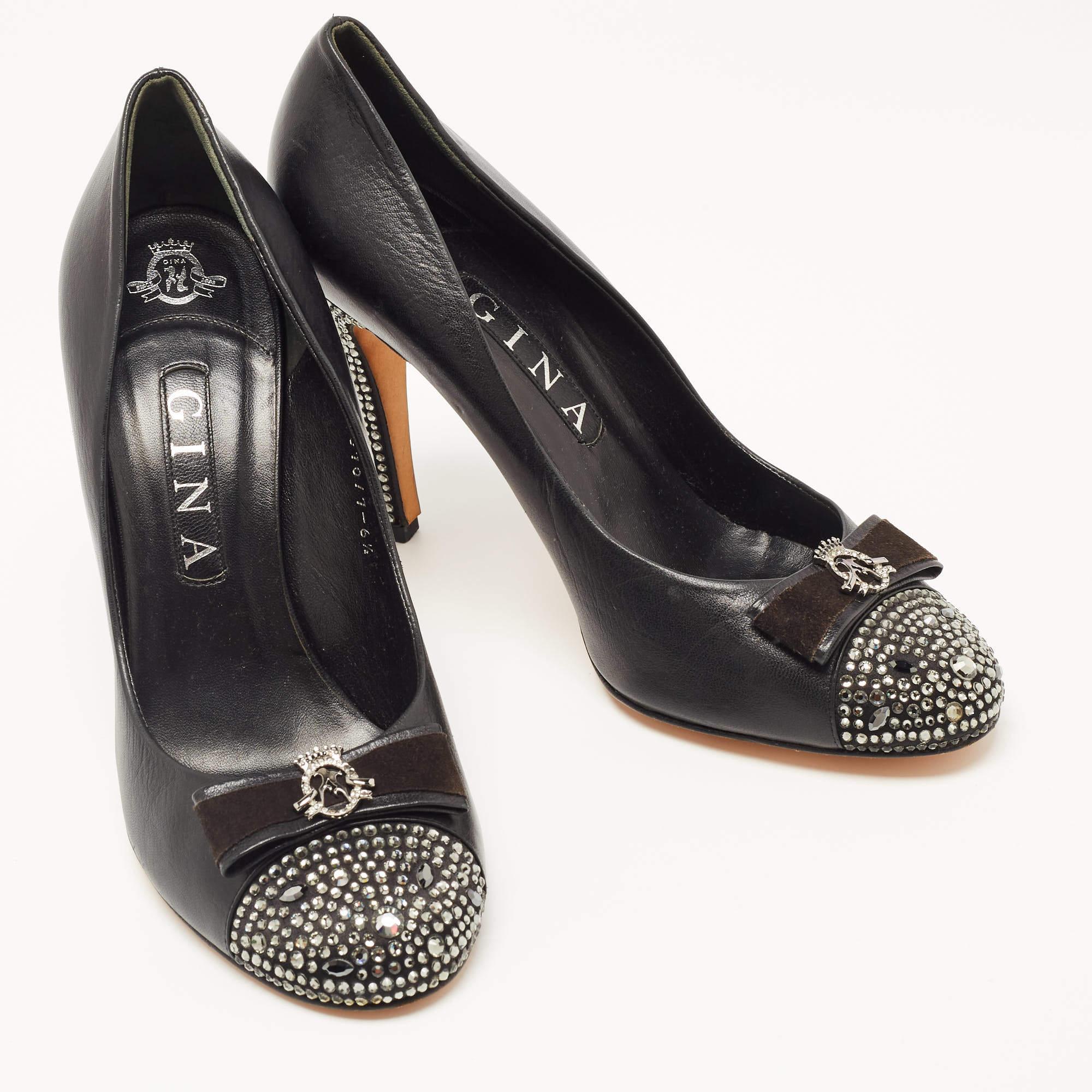 Women's Gina Black Leather Embellished Pumps Size 39.5 For Sale