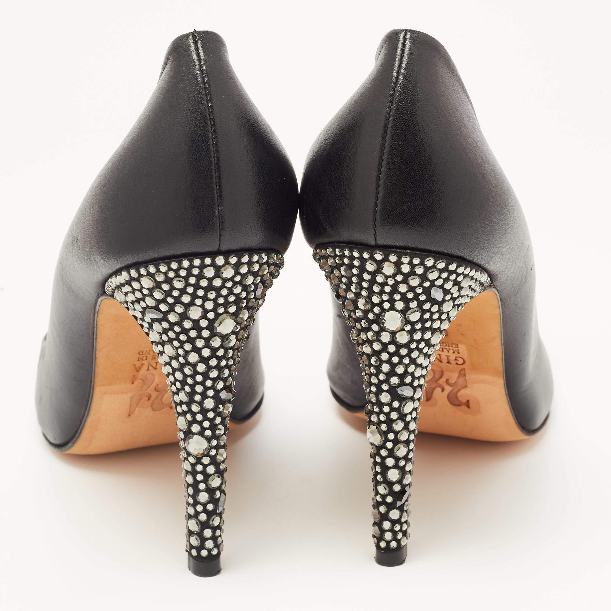 Gina Black Leather Embellished Pumps Size 39.5 For Sale 1