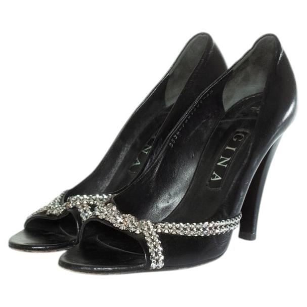 Gina, Black leather peeptoe heels with strass For Sale