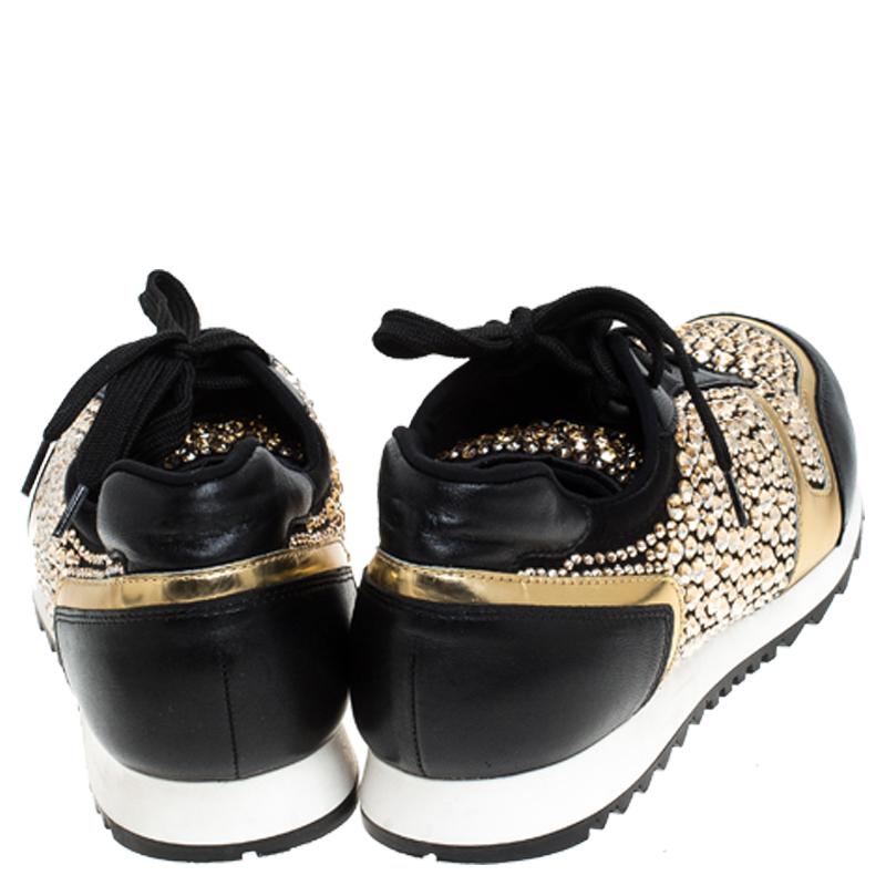 Gina Black Leather/Satin Luminosa Swarovski Sneakers Size 41 In New Condition In Dubai, Al Qouz 2