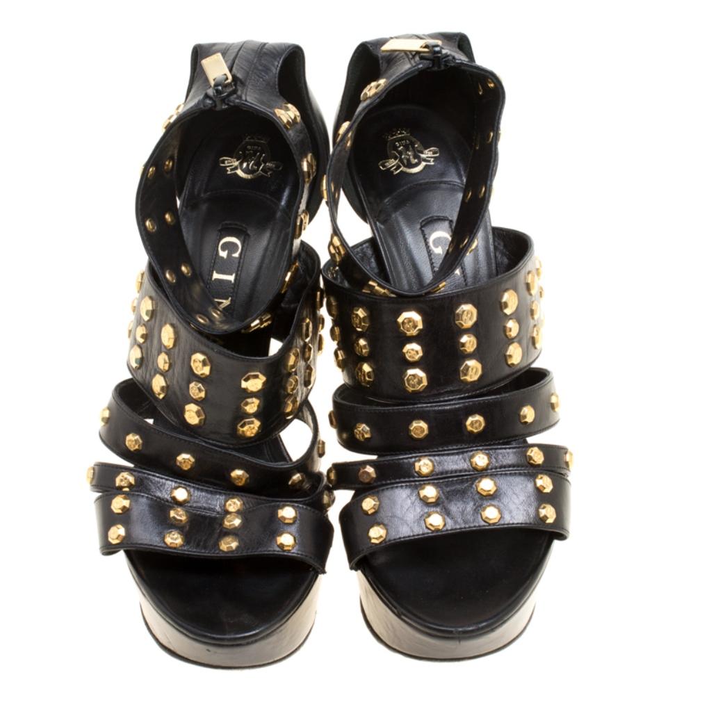 Gina Black Leather Studded Ankle Strap Platform Sandals Size 39.5 In Good Condition In Dubai, Al Qouz 2