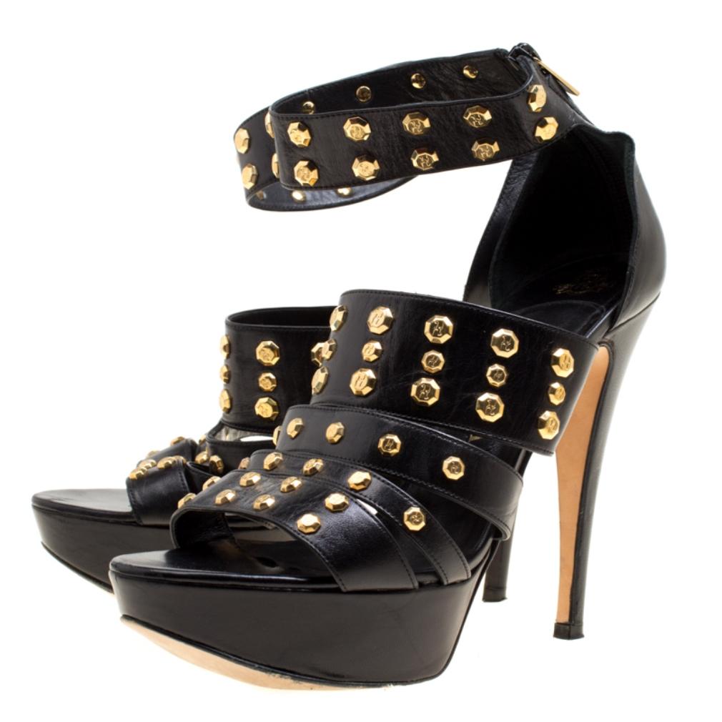 Women's Gina Black Leather Studded Ankle Strap Platform Sandals Size 39.5
