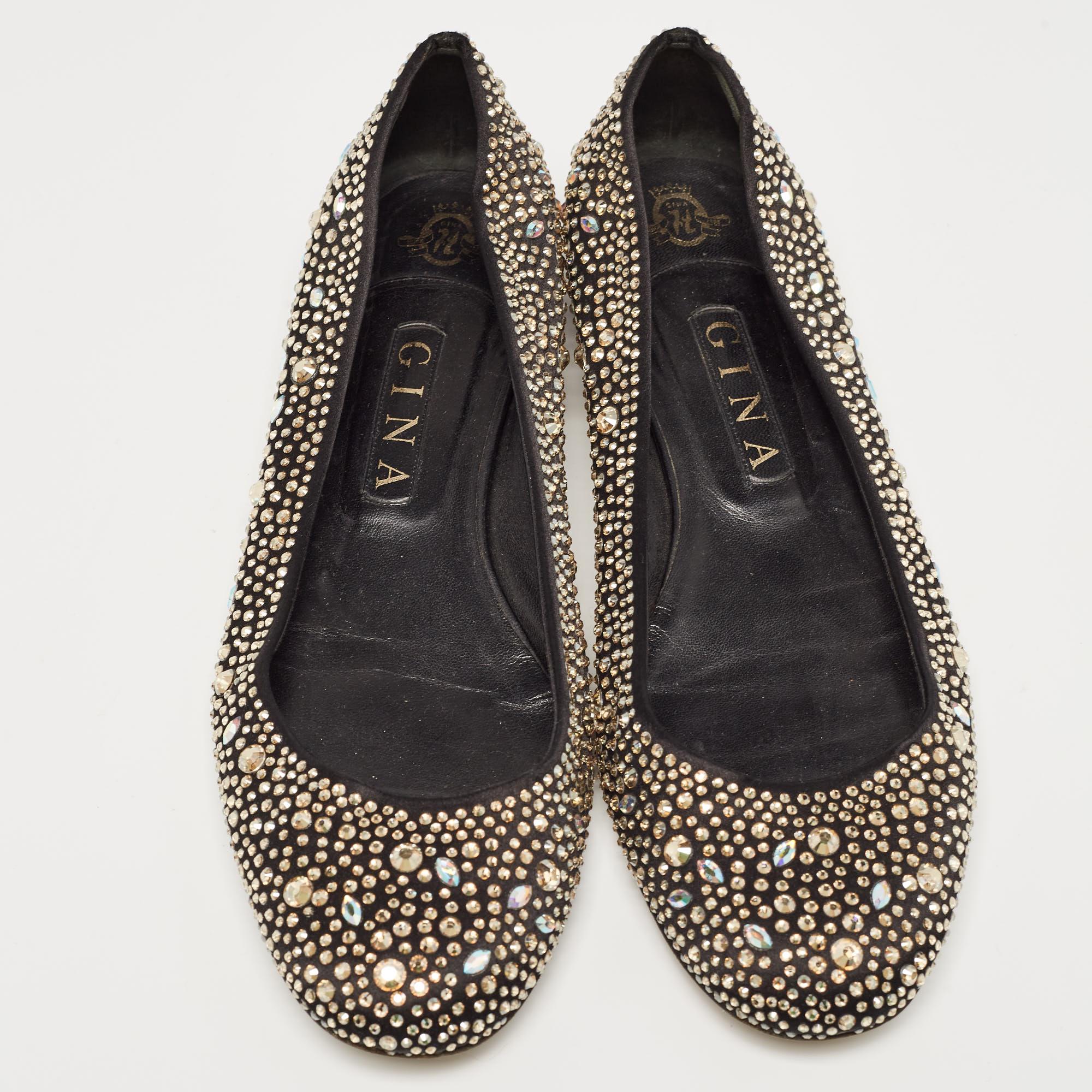 Gina Black/Metallic Crystal Embellished Satin Ballet Flats Size 40.5 In Good Condition In Dubai, Al Qouz 2