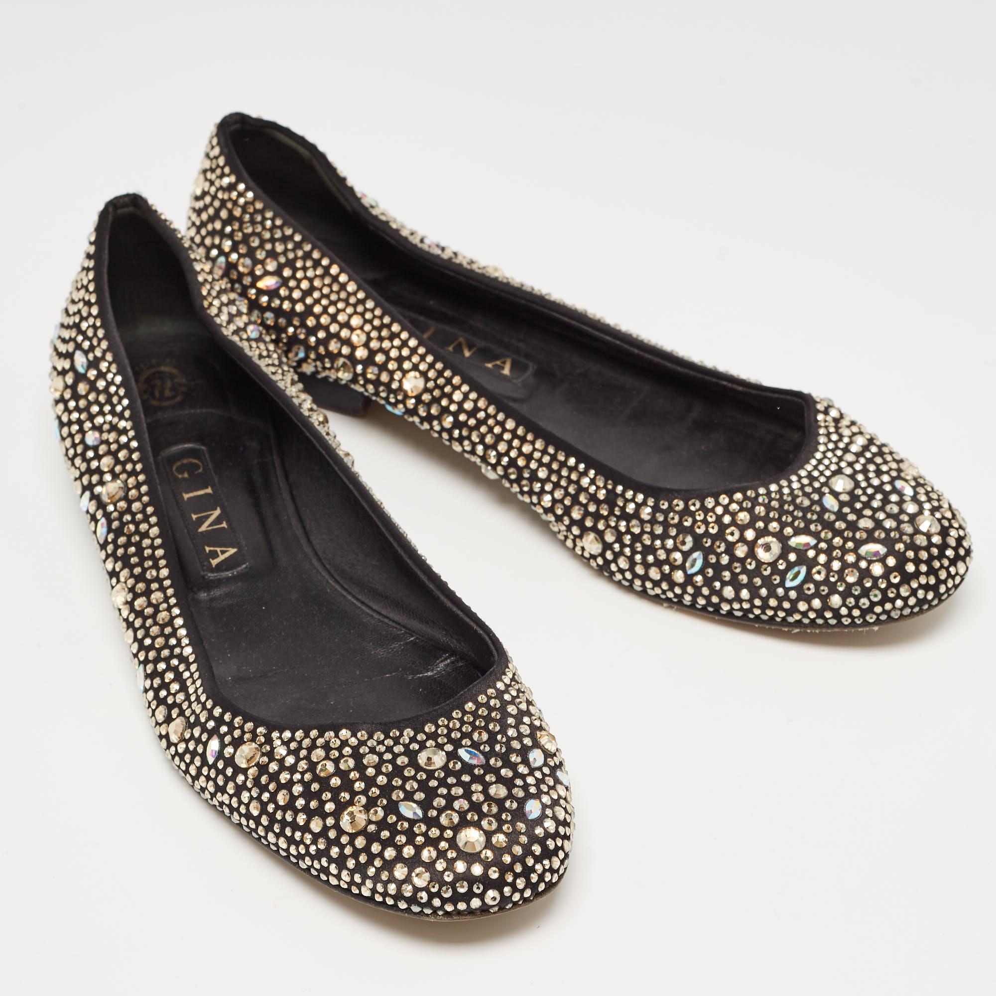 Women's Gina Black/Metallic Crystal Embellished Satin Ballet Flats Size 40.5