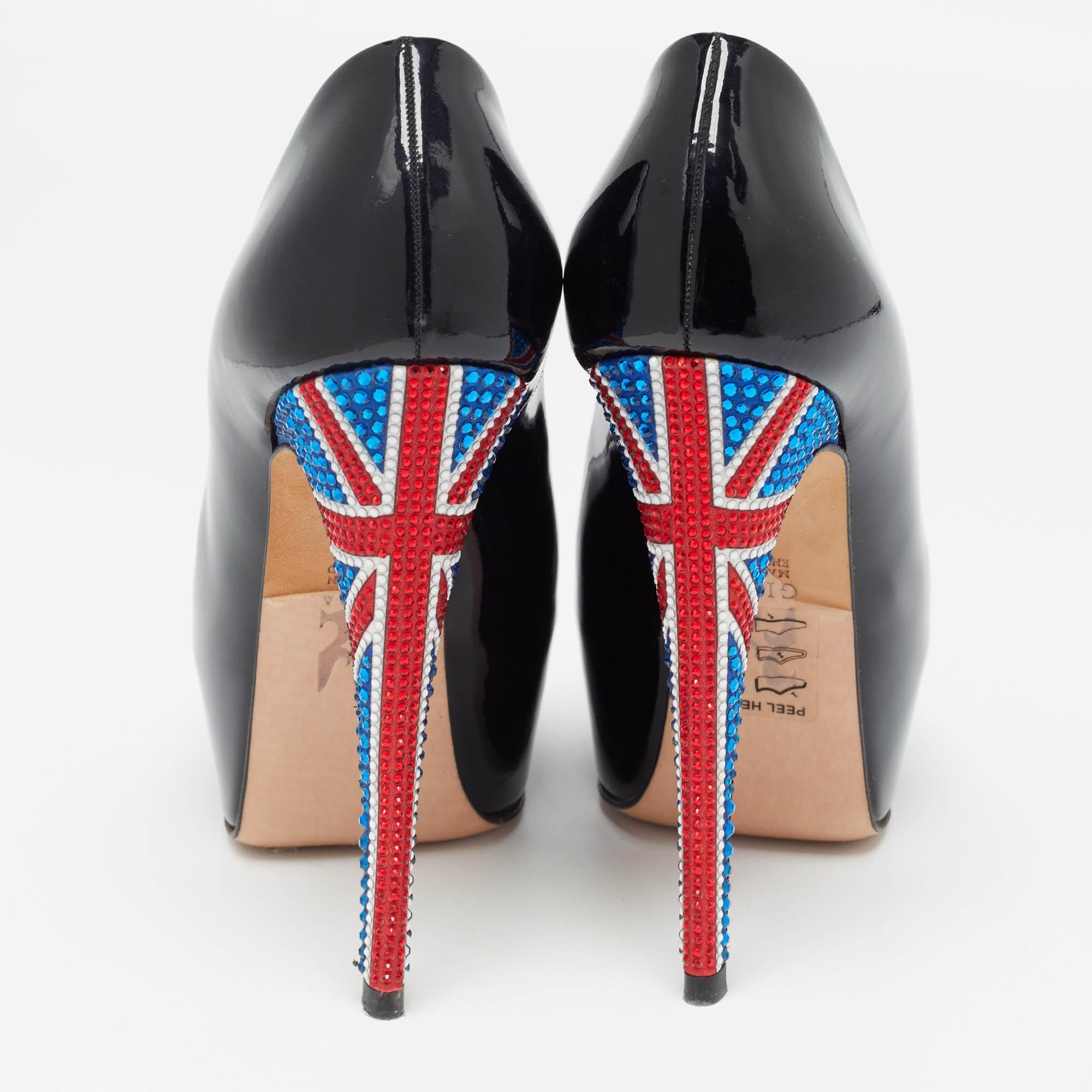 Gina Black Patent Crystal Embellished Open Toe Pumps Size 36.5 For Sale 1