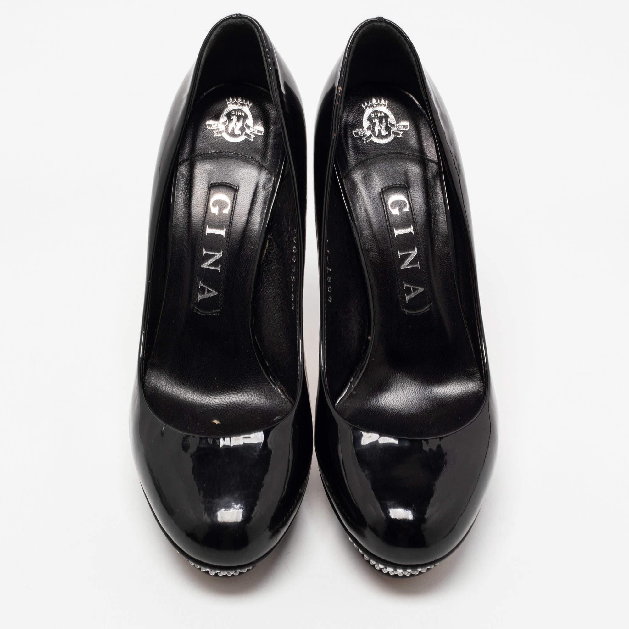 Gina Black Patent Leather Crystal Embellished Heel Platform Pumps Size 37.5 In Good Condition For Sale In Dubai, Al Qouz 2