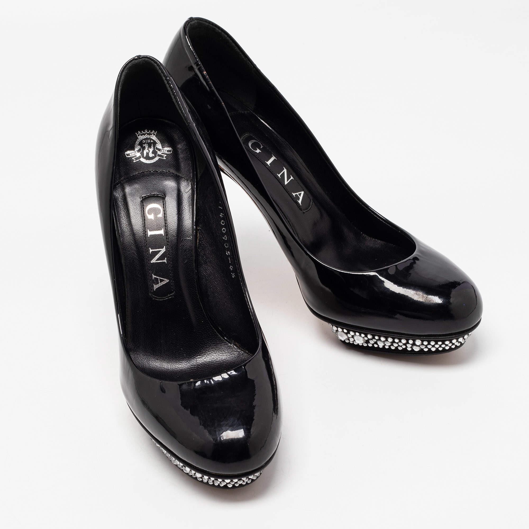 Women's Gina Black Patent Leather Crystal Embellished Heel Platform Pumps Size 37.5 For Sale