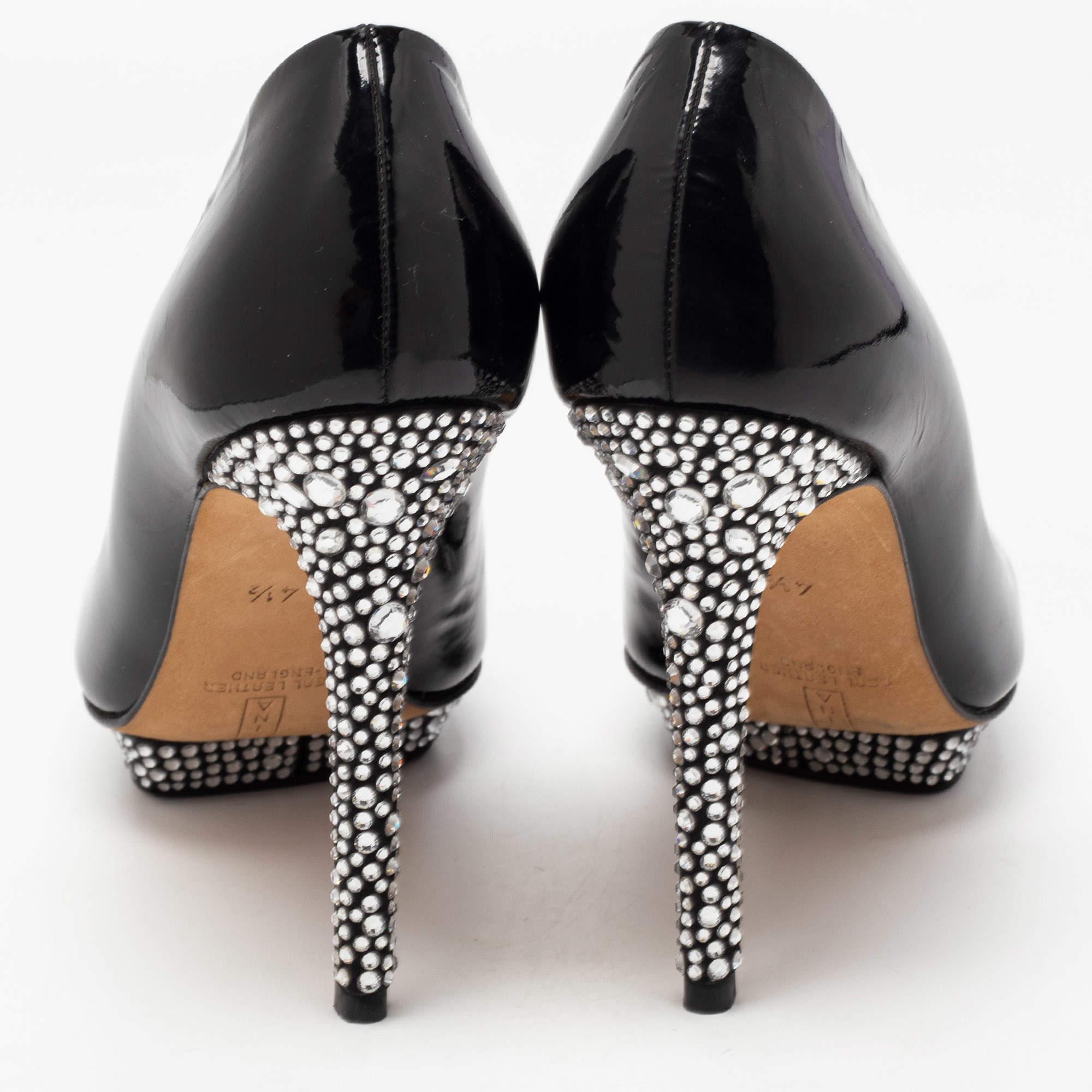 Gina Black Patent Leather Crystal Embellished Heel Platform Pumps Size 37.5 For Sale 1
