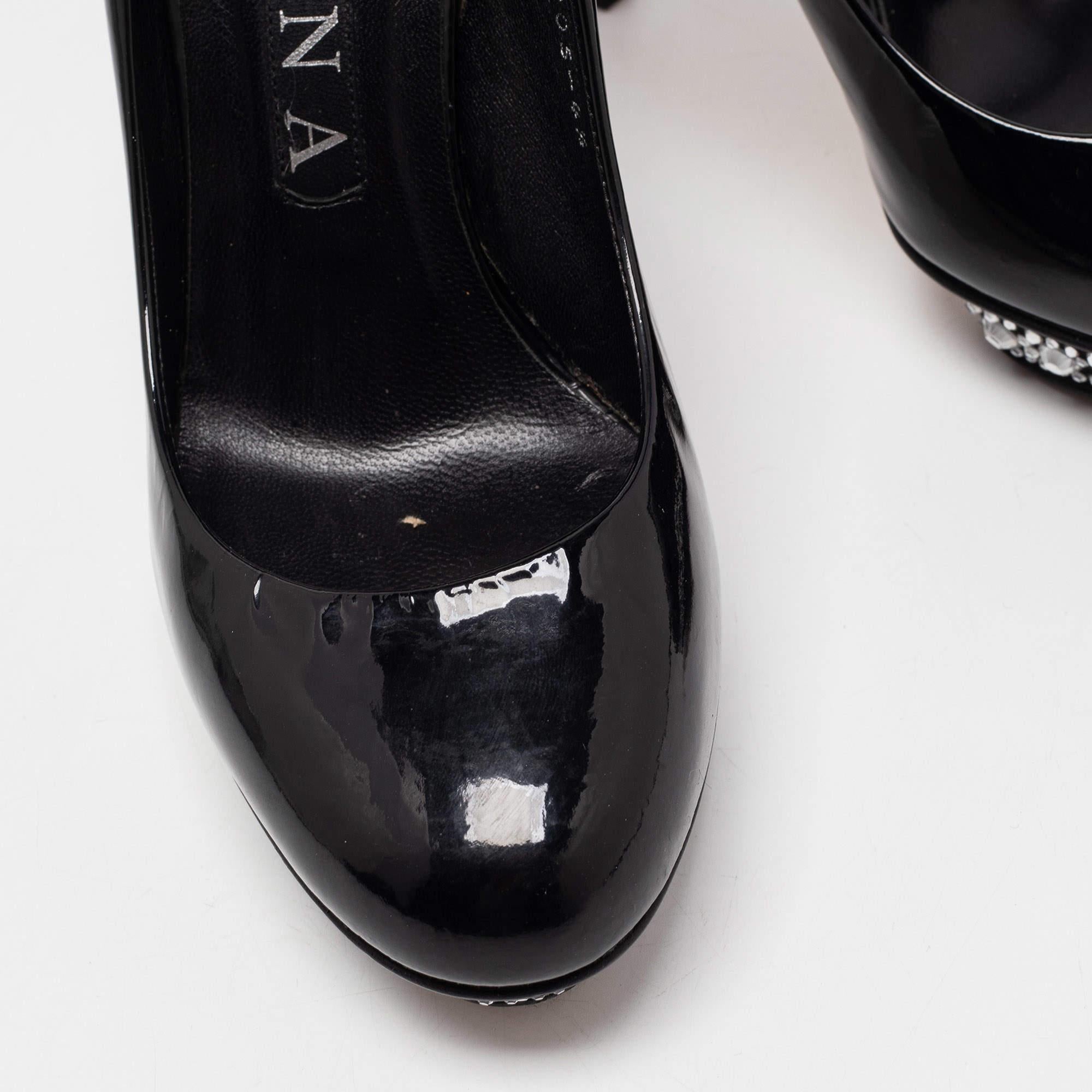 Gina Black Patent Leather Crystal Embellished Heel Platform Pumps Size 37.5 For Sale 4