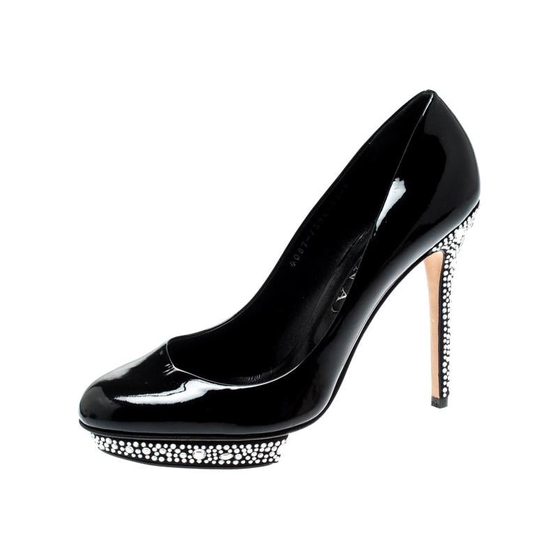 Gina Black Patent Leather Crystal Embellished Heel Platform Pumps Size 41