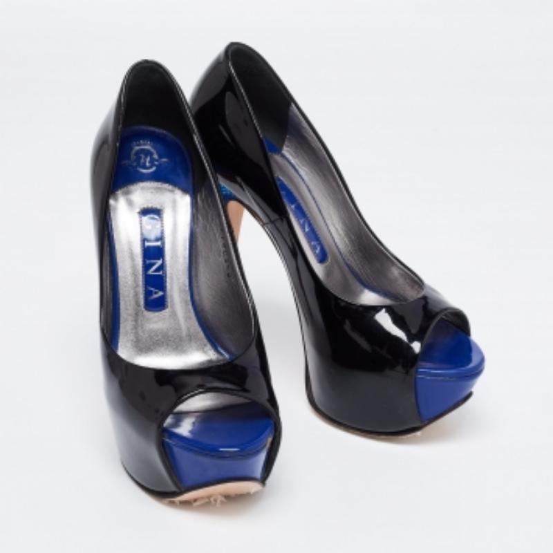 Gina - Escarpins à plateforme peep toes en cuir verni noir avec ornements en cristal - Taille 37 en vente 1
