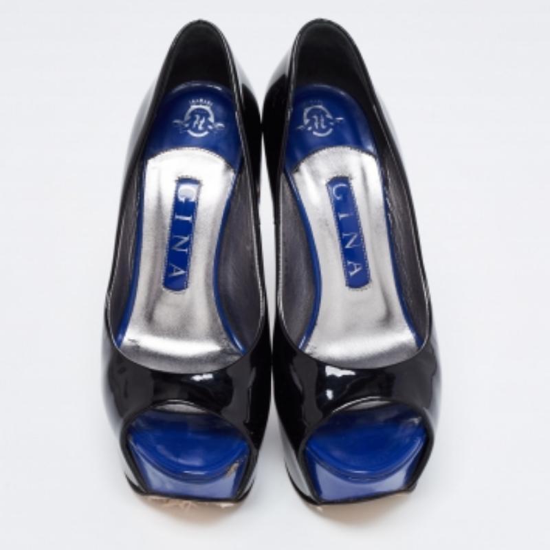 Gina - Escarpins à plateforme peep toes en cuir verni noir avec ornements en cristal - Taille 37 en vente 2