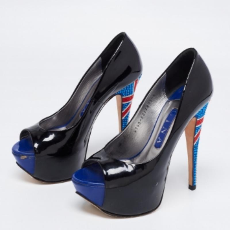 Gina - Escarpins à plateforme peep toes en cuir verni noir avec ornements en cristal - Taille 37 en vente 3