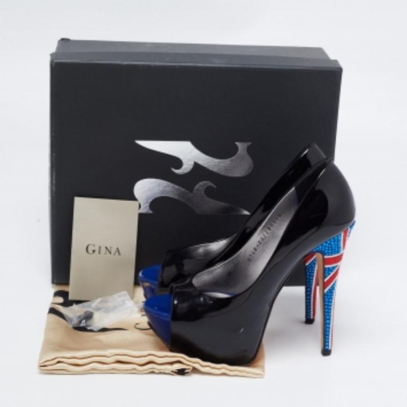 Gina - Escarpins à plateforme peep toes en cuir verni noir avec ornements en cristal - Taille 37 en vente 4