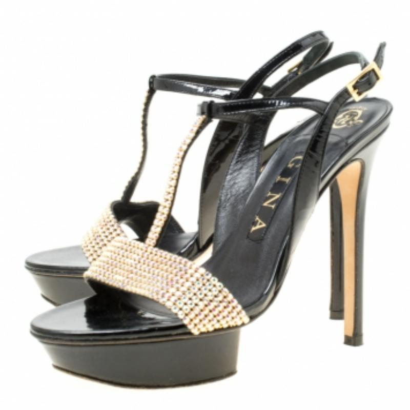 Noir Gina - Sandales à plateforme en cuir verni noir avec ornements en cristal - Taille 37 en vente
