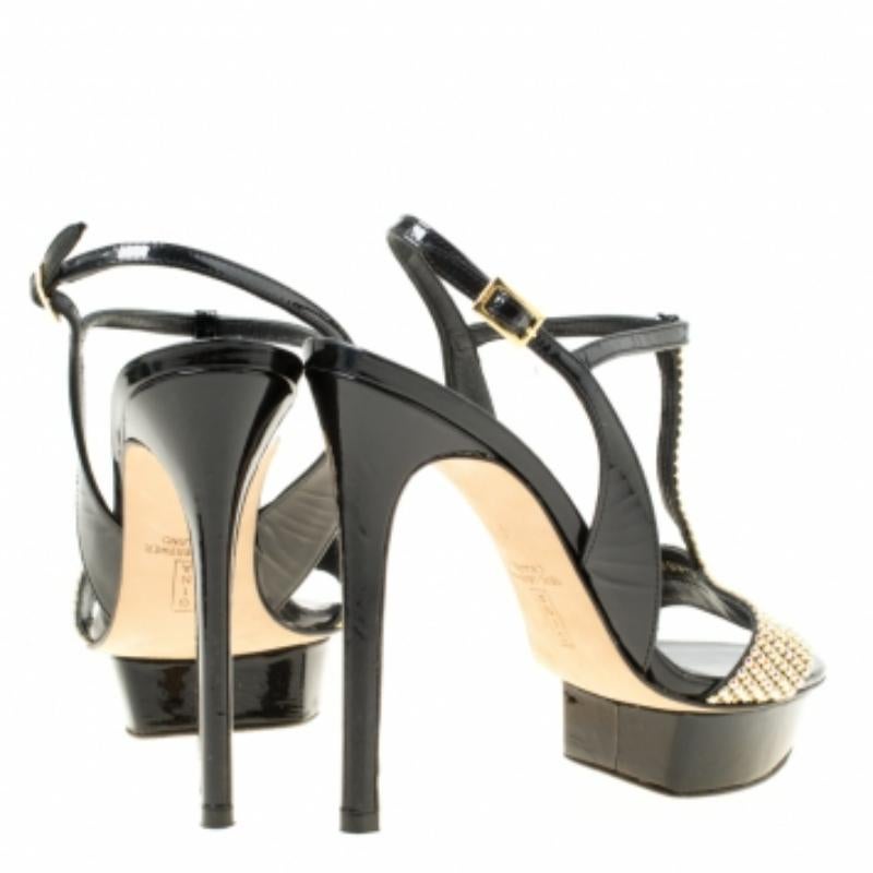 Gina - Sandales à plateforme en cuir verni noir avec ornements en cristal - Taille 37 Pour femmes en vente