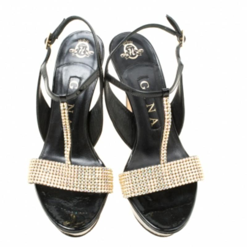 Gina - Sandales à plateforme en cuir verni noir avec ornements en cristal - Taille 37 en vente 1